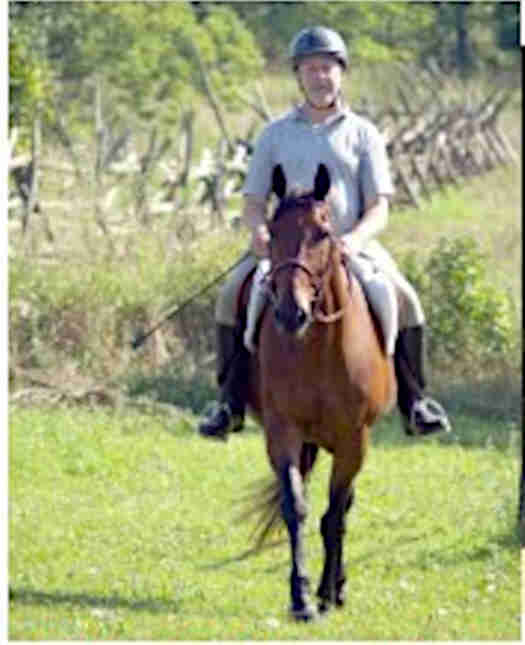 John riding his Standardbred horse Zuckie back from a hack in the field